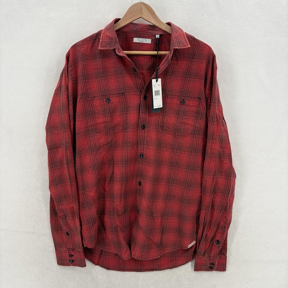 Slate Denim & Co Shirt Mens Large Red Plaid Flannel Long Sleeve Button Up NWT